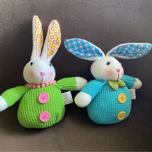 2 Kirkland's Mini Plush Easter Bunnies Green & Blue Shelf Sitter NW(fabric)T
